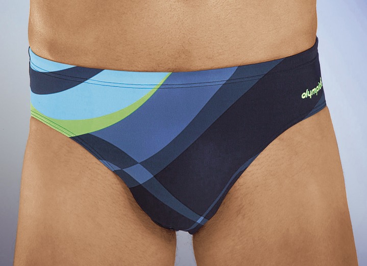 Badehosen - Olympia Badehose in Slipform mit buntem Druckdessin Badehosen - Olympia Badehose in Slipform mit buntem Druckdessin, in Größe 004 bis 009, in Farbe NACHTBLAU-BUNT