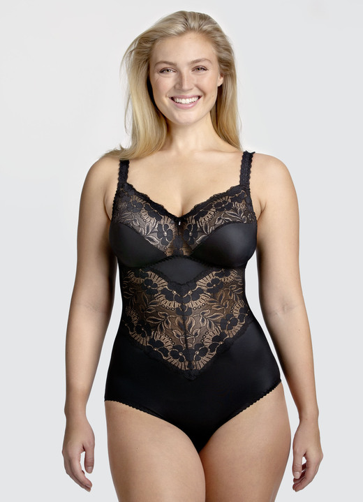 Korseletts - Miss Mary Hosenkorselett mit Elastikspitzeneinsätzen, in Größe 075 bis 105, in Cup E, in Farbe SCHWARZ Ansicht 1