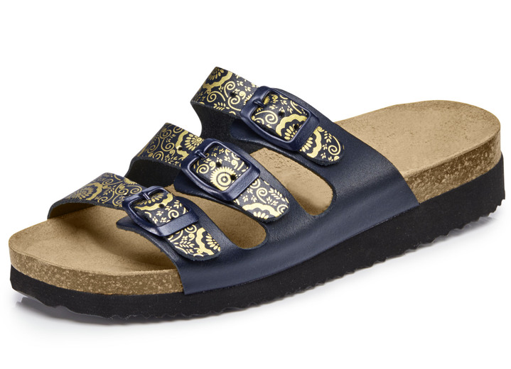 Sandaletten & Pantoletten - Klassische Damen-Pantoletten, mit verstellbaren Spangen, in Größe 036 bis 042, in Farbe MARINE-GOLD Ansicht 1