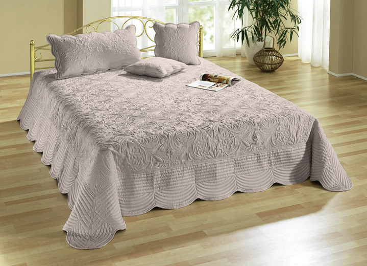 Wohnaccessoires - Satin Kissenbezüge und Tagesdecken mit Stickerei, in Größe 873 (für Einzelbett, 140x210 cm) bis 924 (1 Kissenbezug, 40x 80 cm), in Farbe BEIGE Ansicht 1