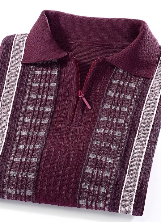 Gemustert - Faszinierender Polopullover mit kurzem Reißverschluss Gemustert - Faszinierender Polopullover mit kurzem Reißverschluss, in Größe 046 bis 062, in Farbe BORDEAUX MELIERT