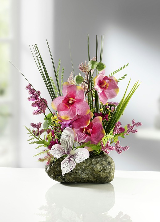 Wohnaccessoires - Orchideen-Gesteck auf Stein, in Farbe ROSA