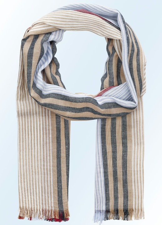 Herrenmode - Modischer Crash-Schal aus reiner Baumwolle, in Farbe BLEU-BORDEAUX-SCHILF-WEISS GESTREIFT
