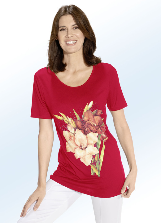 Shirts mit Strass - Longshirt mit Kontrast-Druck in 2 Farben, in Größe 038 bis 054, in Farbe ROT Ansicht 1
