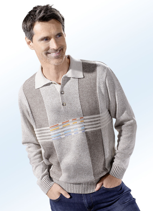 Gemustert - Stilvoller Polopullover Gemustert - Stilvoller Polopullover, in Größe 046 bis 062, in Farbe BEIGE-BRAUN MELIERT