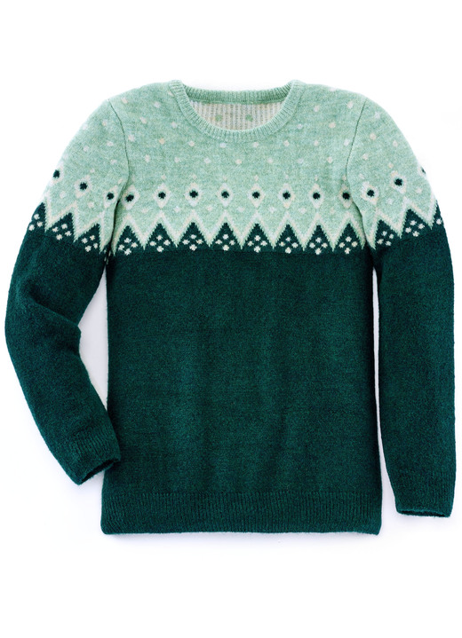Langarm - Pullover mit flauschigem Garn, in Größe 036 bis 052, in Farbe FLASCHENGRÜN-MINT-ECRU Ansicht 1