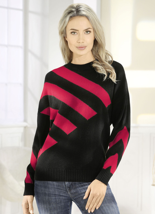 Langarm - Pullover mit Intarsienmuster, in Größe 036 bis 052, in Farbe SCHWARZ-ROT Ansicht 1