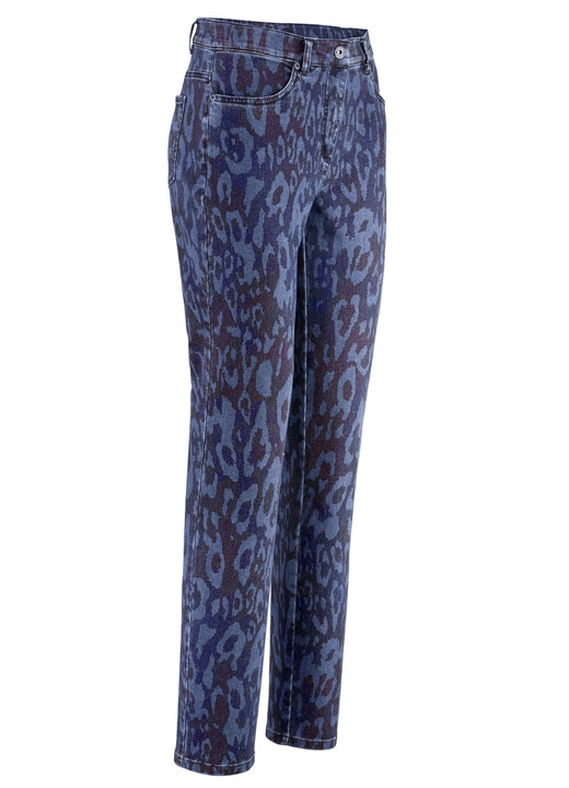 - Jeans mit angesagter Tierfelldessinierung - Jeans mit angesagter Tierfelldessinierung, in Größe 017 bis 052, in Farbe DUNKELBLAU-JEANSBLAU-BORDEAUX