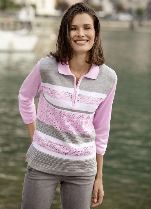 3/4-Arm - Pullover mit dezentem Glanz, in Größe 038 bis 054, in Farbe ROSÉ-GRAU-WEISS Ansicht 1