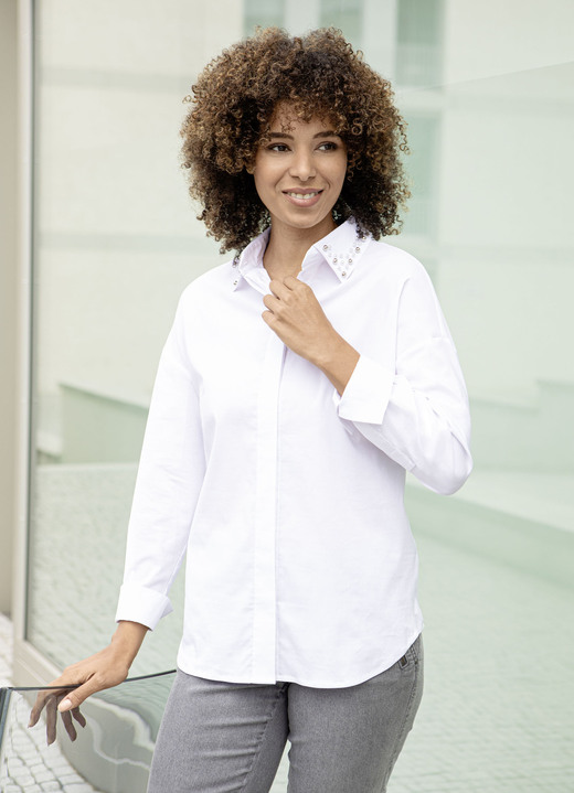 Langarm - Bluse mit Perlenzier Langarm - Bluse mit Perlenzier, in Größe 038 bis 054, in Farbe WEISS