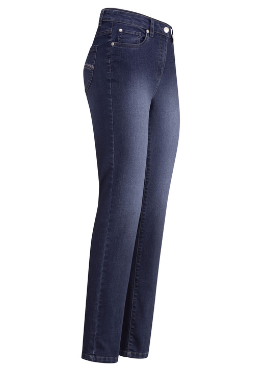 Hosen mit Knopf- und Reißverschluss - Jeans mit schönen Stickereien und funkelnden Strassteinen, in Größe 017 bis 052, in Farbe DUNKELBLAU Ansicht 1