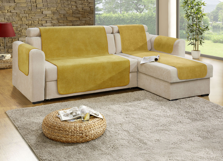 Sessel- & Sofaüberwürfe - Sessel- und Sofaschoner mit Fleckschutz und Anti-Rutsch-Beschichtung, in Größe 101 (Sesselschoner, 50x150 cm) bis 865 (2 Armlehnenschoner, 50x 70 cm), in Farbe GOLD Ansicht 1