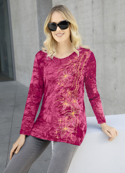 Shirts mit Strass - Interessantes Shirt in Batikoptik in 3 Farben, in Größe 038 bis 054, in Farbe BORDEAUX BATIK Ansicht 1