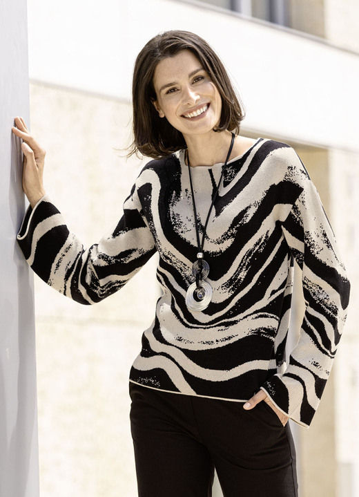 Langarm - Pullover mit Jacquard-Dessin, in Größe 038 bis 054, in Farbe SCHWARZ-BEIGE Ansicht 1