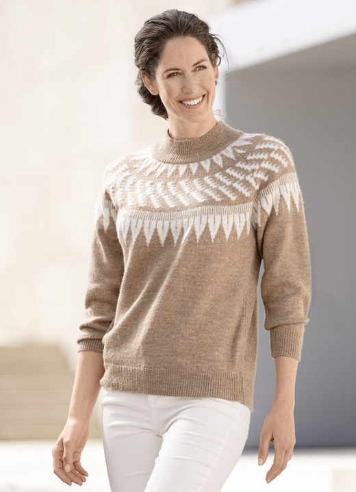 Langarm - Pullover mit Norwegermuster, in Größe L(44/46) bis XS(32/34), in Farbe CAMEL-ECRU Ansicht 1