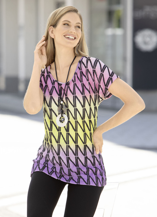 Kurzarm - Shirt mit überschnittener Schulterpartie Kurzarm - Shirt mit überschnittener Schulterpartie, in Größe 036 bis 052, in Farbe PINK-GELB-LILA