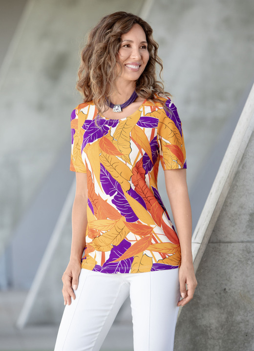 Kurzarm - Shirt mit hübschem Druck, in Größe 036 bis 052, in Farbe ORANGE-LILA-BEIGE Ansicht 1