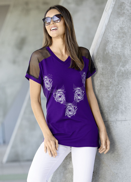 Shirts mit Strass - Longshirt mit Kontrast-Druck in 2 Farben, in Größe 038 bis 054, in Farbe LILA Ansicht 1