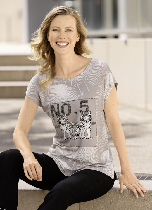 Kurzarm - Shirt mit Tiermotiv, in Größe 036 bis 052, in Farbe WEISS-TAUPE