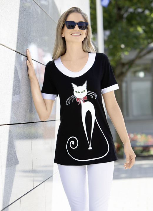 Shirts mit Strass - Longshirt mit Katzen-Motiv, in Größe 038 bis 054, in Farbe SCHWARZ