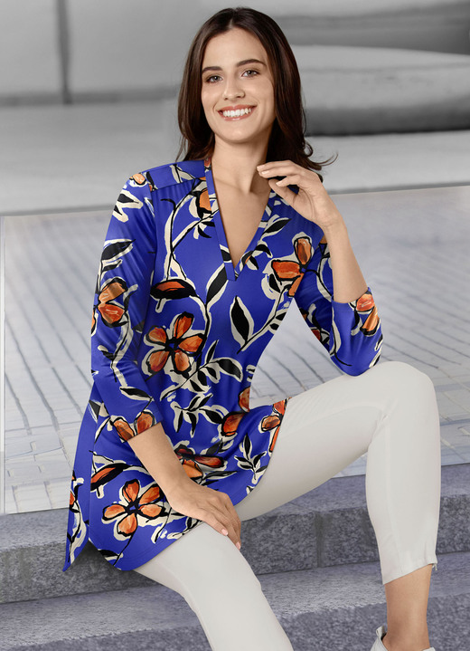 3/4-Arm - Shirt-Tunika mit farbbrillantem Druck 3/4-Arm - Shirt-Tunika mit farbbrillantem Druck, in Größe 036 bis 054, in Farbe INDIGOBLAU-BUNT