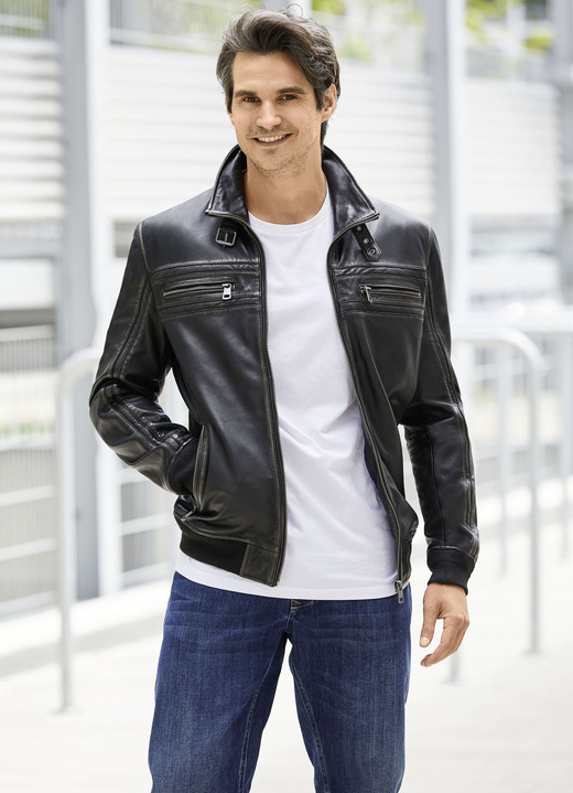 - Lederblouson mit Steh-Umlegekragen, in Größe 046 bis 064, in Farbe ANTIK SCHWARZ Ansicht 1
