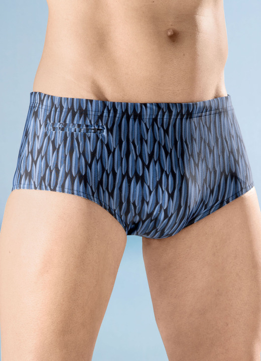 Badehosen - Badehose in höherer Slipform mit Reißverschlusstasche Badehosen - Badehose in höherer Slipform mit Reißverschlusstasche, in Größe 004 bis 010, in Farbe SCHWARZ-PETROL