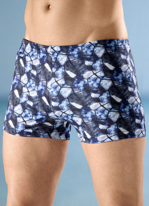 Badehosen - Badehose in höherer Kastenform mit Reißverschlusstasche Badehosen - Badehose in höherer Kastenform mit Reißverschlusstasche, in Größe 004 bis 013, in Farbe SCHWARZ-BLAU-BUNT