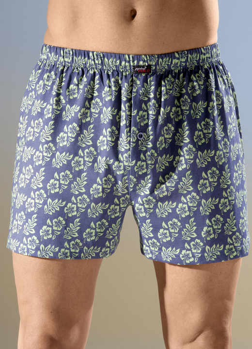Unterhosen - Viererpack Boxershorts mit knöpfbarem Eingriff Unterhosen - Viererpack Boxershorts mit knöpfbarem Eingriff, in Größe 005 bis 014, in Farbe 2X GRAUBLAU-GRÜN, 2X GRÜN-GRAUBLAU