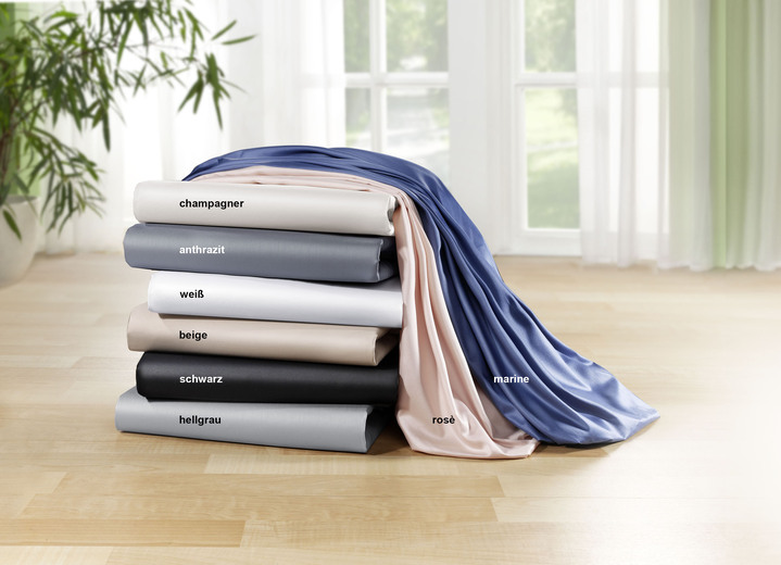 Spannbetttücher - Mako-Satin-Spannbetttuch aus 100% Baumwolle, in Größe 133 (90/200 cm) bis 138 (180/200 cm), in Farbe CHAMPAGNER Ansicht 1