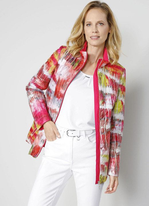 - Steppjacke im mehrfarbigen Grafikdruck, in Größe 038 bis 052, in Farbe PINK-WEISS-LIMETTE Ansicht 1