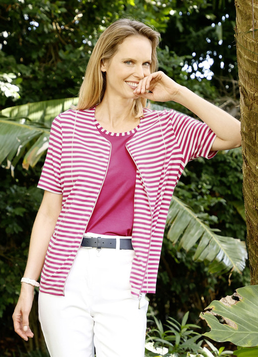 - Shirtjacke mit garngefärbtem Ringeldessin - Shirtjacke mit garngefärbtem Ringeldessin, in Größe 038 bis 046, in Farbe FUCHSIA-WEISS