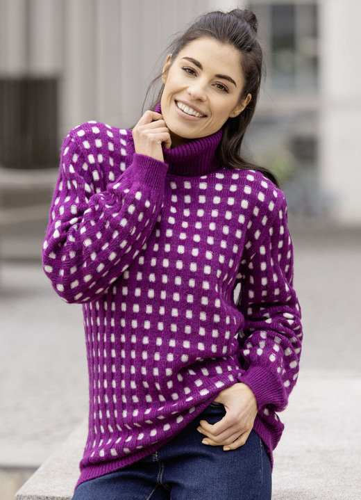 Langarm - Pullover in Strukturdessin, in Größe L(44/46) bis XXL(52/54), in Farbe BEERE-WEISS