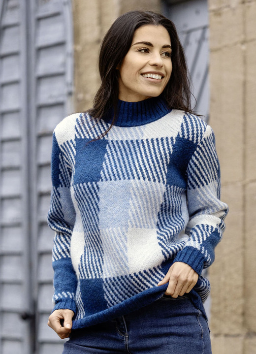 Langarm - Pullover in Jacquard-Dessin, in Größe L(44/46) bis XS(32/34), in Farbe JEANSBLAU-BLEU-WEISS Ansicht 1