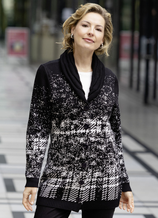 Strickjacken - Strickjacke in Jacquard-Dessin Strickjacken - Strickjacke in Jacquard-Dessin, in Größe 038 bis 054, in Farbe SCHWARZ-WEISS