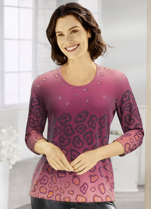 Langarm - Pullover in Feinstrick, in Größe 038 bis 054, in Farbe BEERE-PFIRSICH-MULTICOLOR