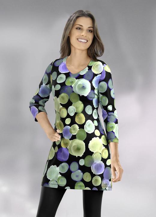 3/4-Arm - Longshirt mit farbbrillantem Allover-Druck 3/4-Arm - Longshirt mit farbbrillantem Allover-Druck, in Größe 038 bis 052, in Farbe SCHWARZ-LILA-GRÜN