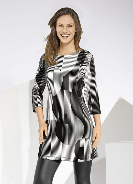 - Longshirt mit farbbrillantem Allover-Druck, in Größe 038 bis 050, in Farbe SCHWARZ-WEISS