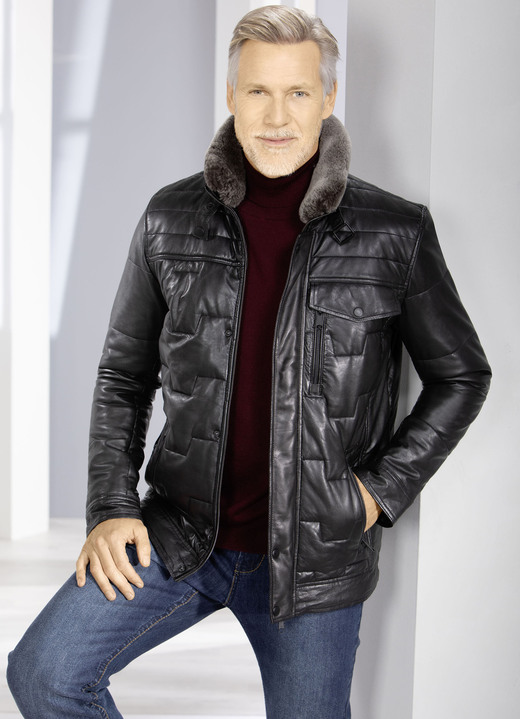 Lederjacken - Lederkurzjacke mit Webpelzbesatz Lederjacken - Lederkurzjacke mit Webpelzbesatz, in Größe 046 bis 062, in Farbe SCHWARZ
