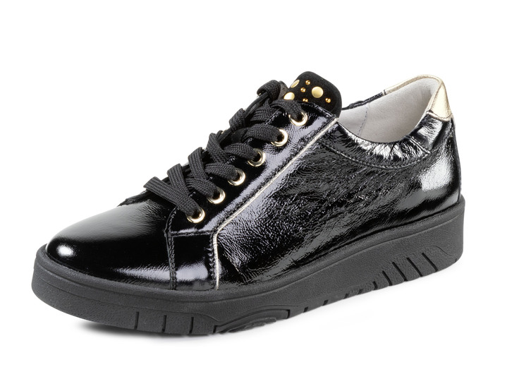 Weite H - Waldläufer Schnürschuh aus weichem Knautschlackleder, in Größe 3 1/2 bis 8, in Farbe SCHWARZ-GOLD Ansicht 1