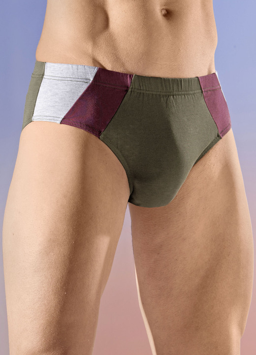 Unterhosen - Viererpack Slips mit farbigen Einsätzen, in Größe 004 bis 010, in Farbe 2X OLIV-BORDEAUX-GRAU MELIERT, 2X BORDEAUX-OLIV-GR Ansicht 1