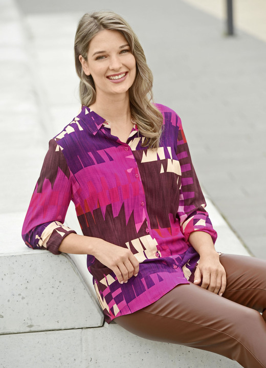 3/4-Arm - Bluse mit farbbrillantem Druck, in Größe 036 bis 052, in Farbe FUCHSIA-LILA-SAND-BUNT Ansicht 1