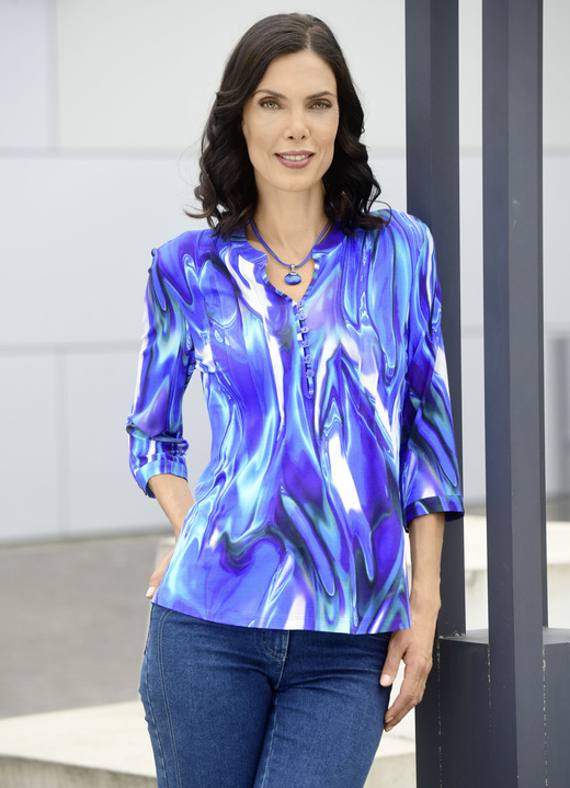 3/4-Arm - Shirt-Tunika mit attraktiver Biesenzier 3/4-Arm - Shirt-Tunika mit attraktiver Biesenzier, in Größe 036 bis 054, in Farbe ROYALBLAU-WEISS-SMARAGDGRÜN-BUNT