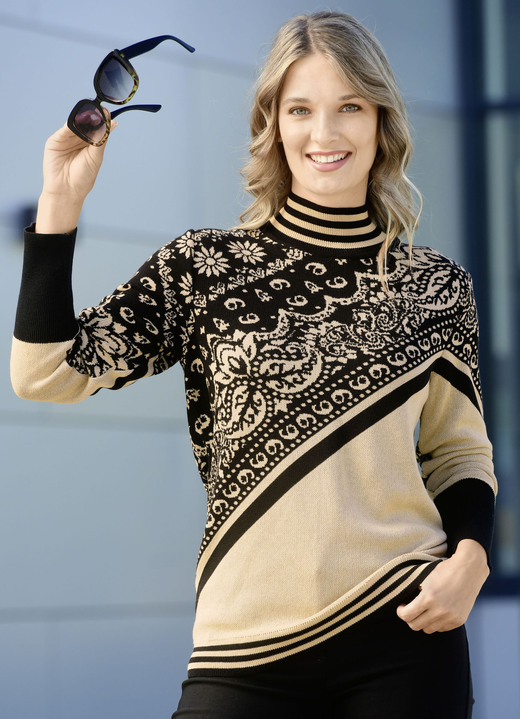 Langarm - Pullover in Jacquard-Dessin, in Größe 036 bis 052, in Farbe BEIGE-SCHWARZ Ansicht 1