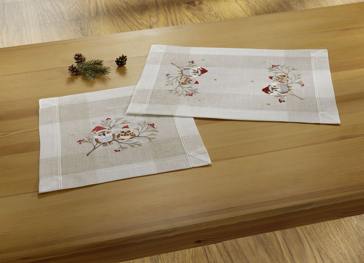 Wohnaccessoires - Tisch- und Raumdekoration mit Eulen-Motiv, in Größe 101 (Deckchen, 35x 50 cm) bis 404 (Kissenbezug, 40x 40 cm), in Farbe SEKT-BUNT Ansicht 1