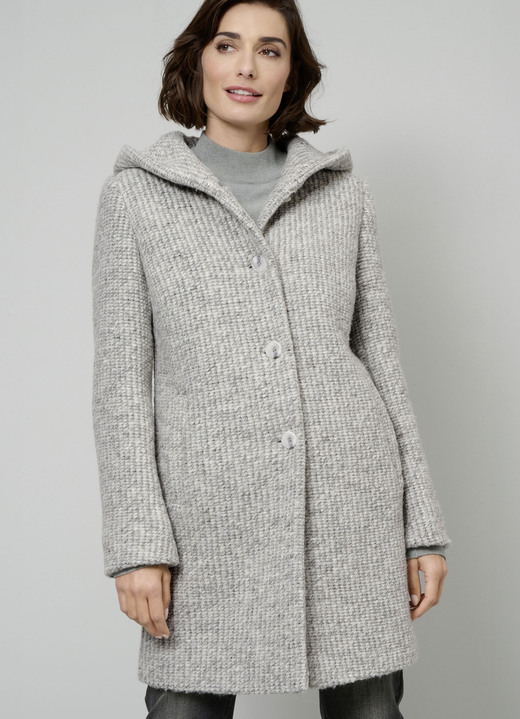 Lang - Longjacke mit fester Kapuze, in Größe 038 bis 052, in Farbe HELLGRAU-ECRU Ansicht 1