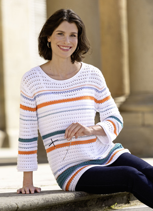 3/4-Arm - Pullover in Häkeloptik, in Größe L(44/46) bis XS(32/34), in Farbe WEISS-ORANGE-MULTICOLOR