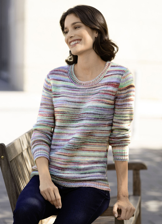 Langarm - Pullover aus Melangegarn, in Größe 036 bis 052, in Farbe GRÜN-ROST-MULTICOLOR