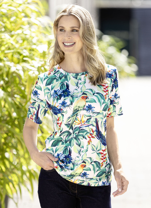 Kurzarm - Shirt mit Papagei-Motiven, in Größe 036 bis 052, in Farbe ECRU-GRÜN-MULTICOLOR