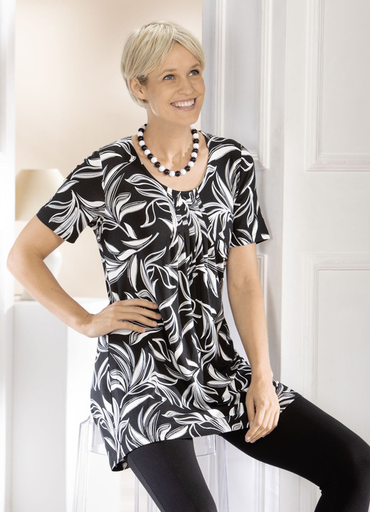 Kurzarm - Longshirt mit Allover-Druck , in Größe 038 bis 056, in Farbe SCHWARZ-WEISS Ansicht 1